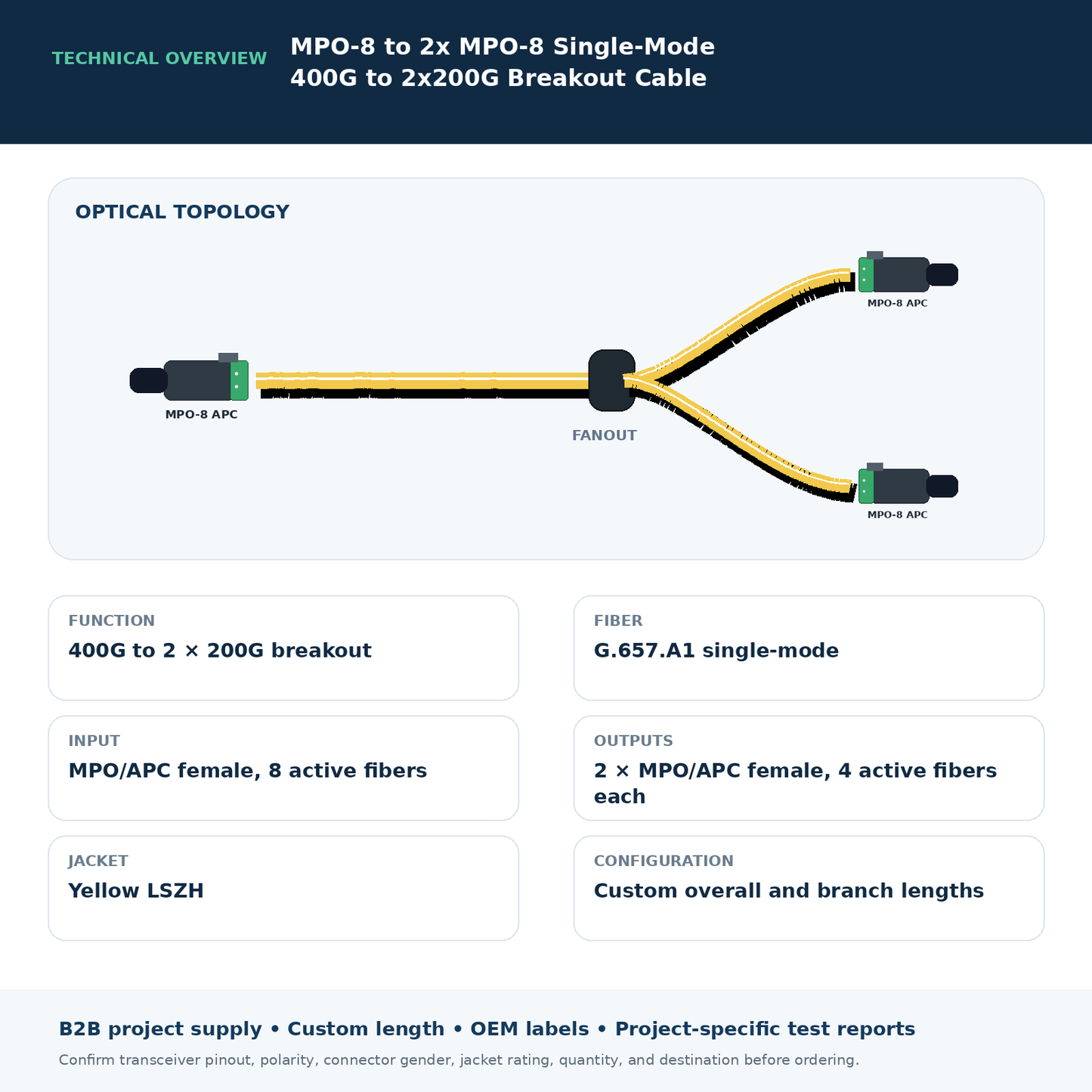 MPO-8 to 2x MPO-8 Single-Mode 400G to 2x200G Breakout Cable